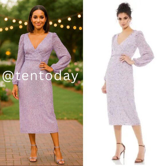Mac Duggal 107641 Size 10 Light Purple Lavender Long Sleeve Sequined Midi Dress - Picture 1 of 10